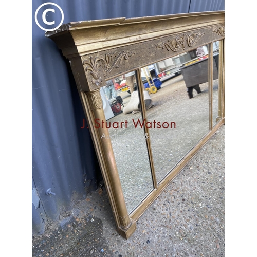 128 - A gold gilt three sectioned overmantel mirror 144x 86