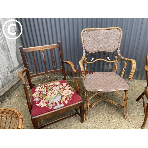 140 - A vintage style wicker chair, carver chair, begere chair and a basket