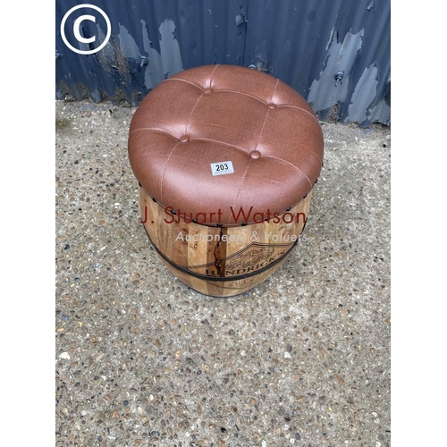 203 - A vintage style Hendricks gin barrel with buttoned leather top and storage