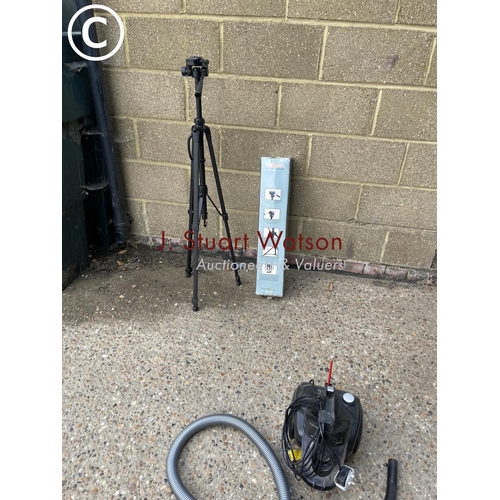 219 - Pressure washer, electric hedger, cleaner, and two tripods