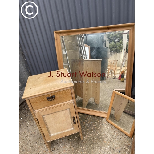 229 - A solid pine bedside, large mirror, small mirror shelf and corner cupboard