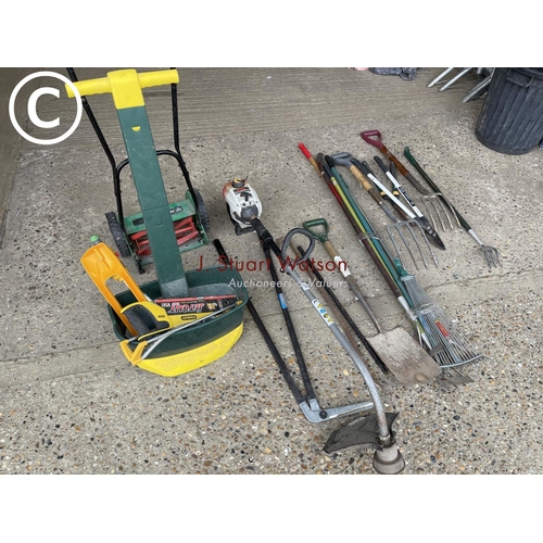 236 - Strimmer, hand mower, spreader and garden tools