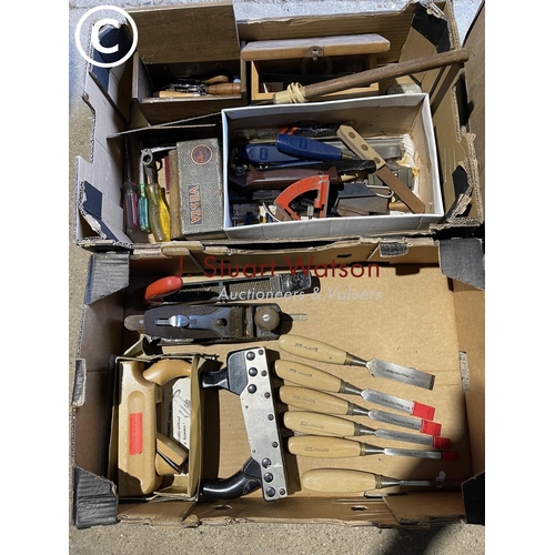 241 - Two trays containing wood working tools, chisels, planes etc