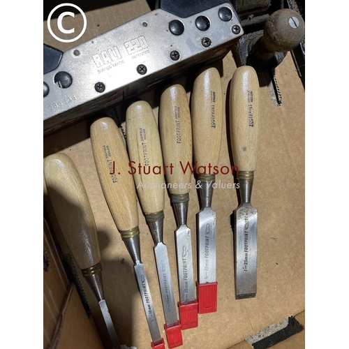 241 - Two trays containing wood working tools, chisels, planes etc