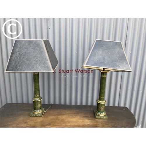 254 - A pair of green and gold pattern table lamps