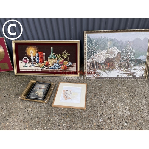 285 - Framed record, fire guard and other framed tapestry pictures