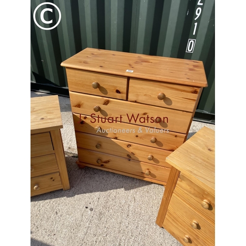 302 - A pine chest of six together with a pair of pine three drawer besides