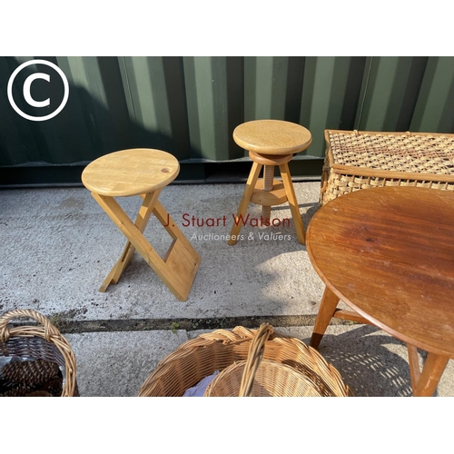 314 - Three stools, teak table, three baskets, magazine rack and ottoman