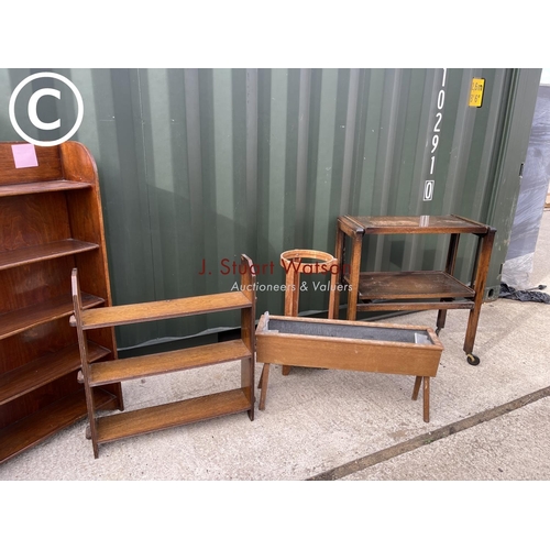 333 - Two oak book shelves, retro planter, umbrella stand, metamorphic trolley and a corner chair