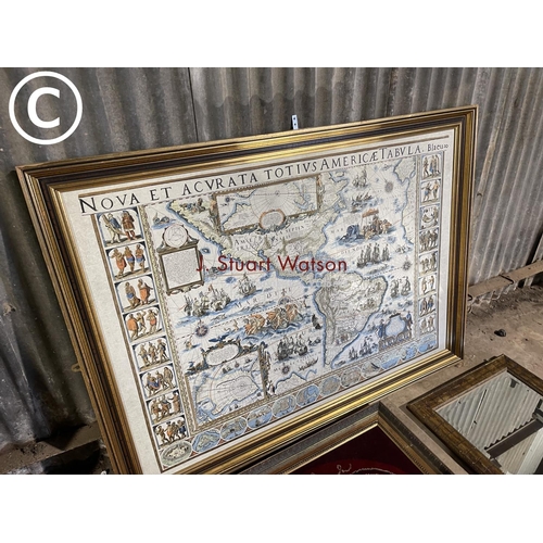 34 - A large framed map of America, together with commemorative picture and a mirror