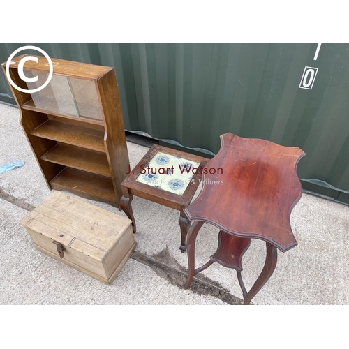 343 - Small pine box, oak book shelf, oak table and mahogany table