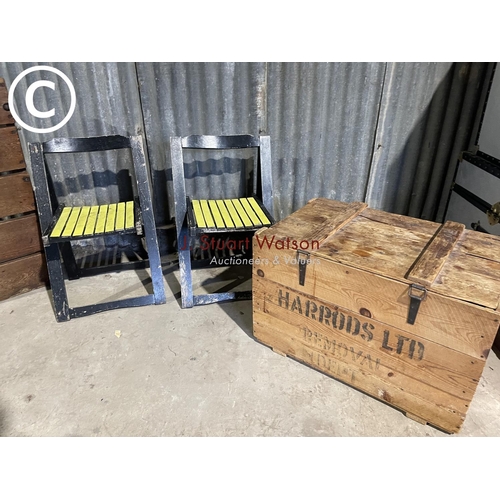 37 - A vintage harrods wooden box, two folding chairs and wooden grid