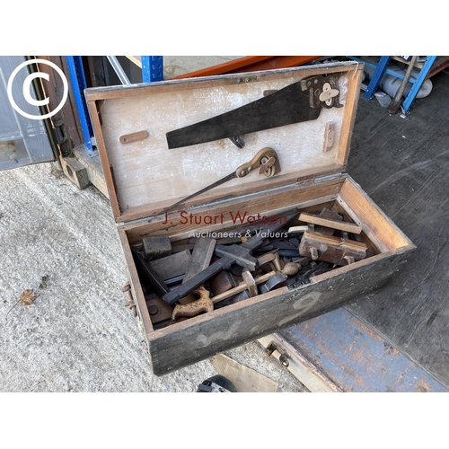 405 - A carpenters box full of wooden planes, marking gauges etc together with four cramps