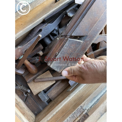 405 - A carpenters box full of wooden planes, marking gauges etc together with four cramps