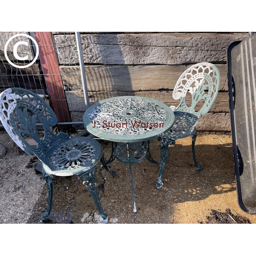 415 - Green painted aluminium garden table with two chairs