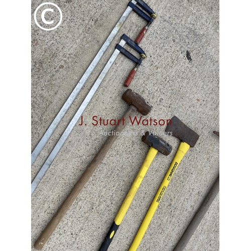 448 - Two sledge hammers, axe, pick axe and two cramps