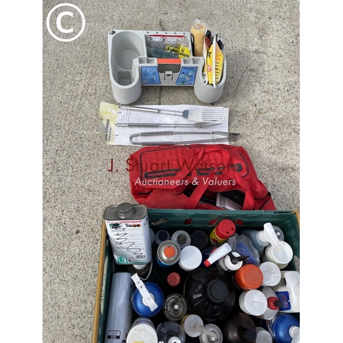 461 - Three trays of garage fluids and and products together with bag of paint brushes, bbq set and cleani... 