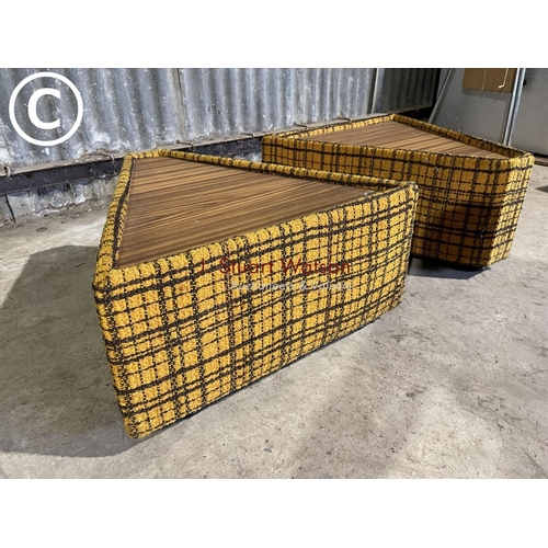 47 - A pair of orange upholstered triangular form side tables