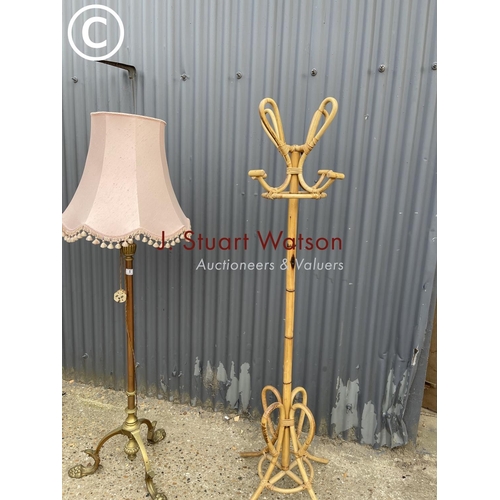 5 - A brass standard lamp together with a bamboo hallstand