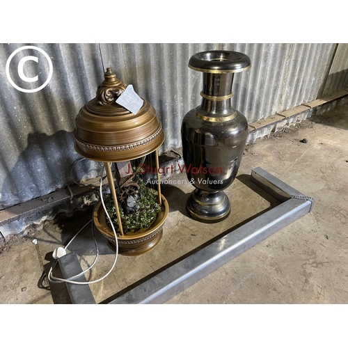 53 - Deco chrome fire guard, metal vase and electric lantern decoration