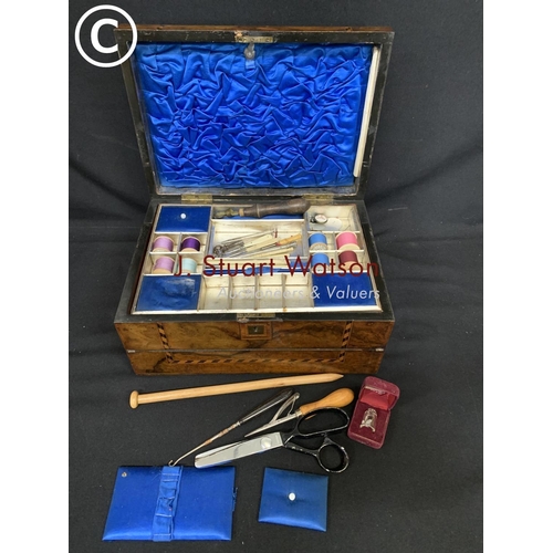 542 - Victorian inlaid Walnut workbox writing slope and contents, 35 x 25 x 19cms