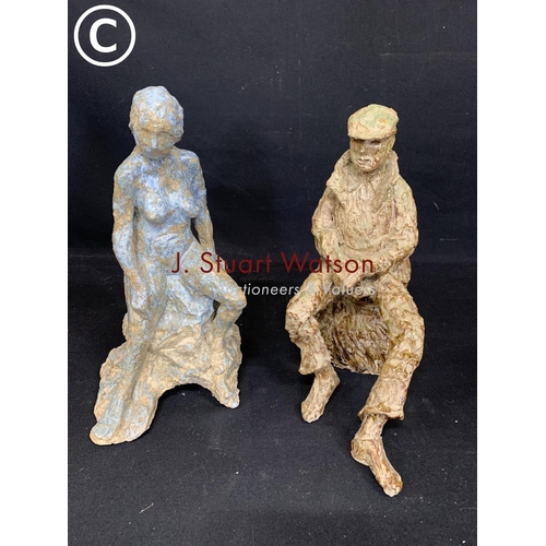 602 - 2 pottery sculptures, female signed S Cook, height 34cms