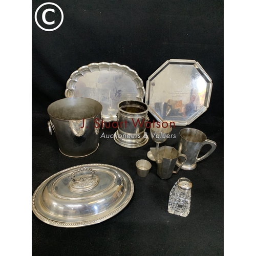 615 - Sheffield plated champagne cooler, syphon stand, entree dish and platedware