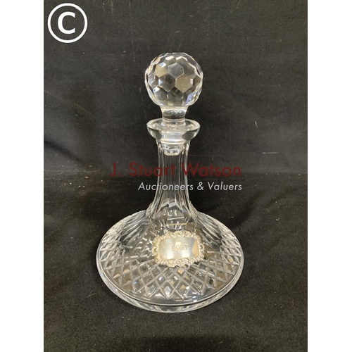 616 - Cut glass ships decanter with silver Port Label, overall height 27cms