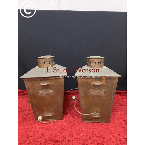 671 - 2 vintage copper wall hanging lanterns, height  47cms,