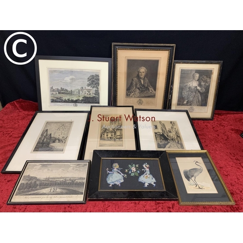 680 - Engravings, crane print and woolwork picture, 9 in total