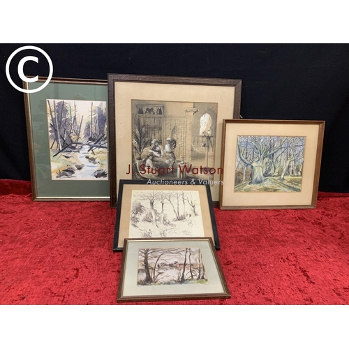 683 - 4 framed Watercolours and a drawing