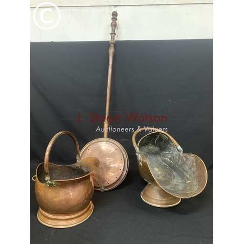 694 - Copper warming pan and 2 coal scuttles