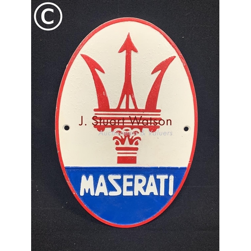 714 - Cast iron oval Maserati plaque, height 29cms