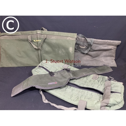 717 - 2 Wychwood salmon insulated bags, a rod case and quilted bag