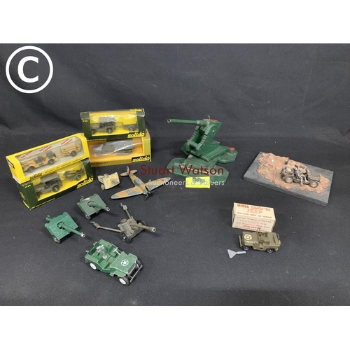 724 - Boxed Mimic Clockwork Jeep, 4 boxed Solido Military Vehicles and other items of Military interest