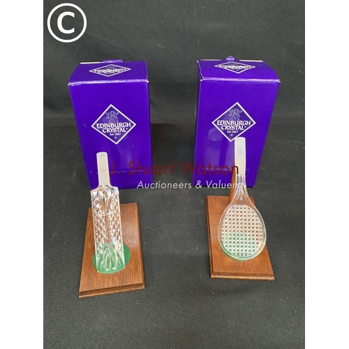 730 - Edinburgh Crystal Tennis racket and cricket bat ornaments with boxes