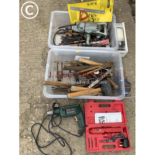 743 - 2 trays tools, Draper vice and 2 electric drills