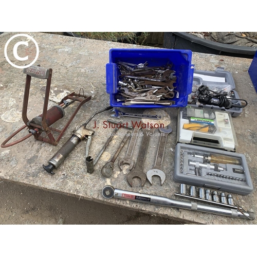 744 - Collection of spanners, tools, including Dremel and foot pump