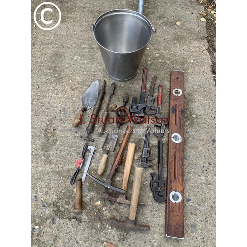 745 - Stainless steel bucket, adjustable spanners and tools