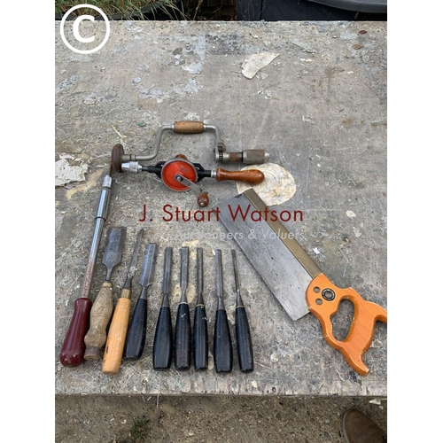 746 - 8 Chisels , tenon saw, Stanley screwdriver, brace and drill