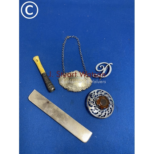 835 - Hallmarked Silver Sherry Label and Comb back, total weight 1 ozt, Filigree Cigarette holder and two ... 