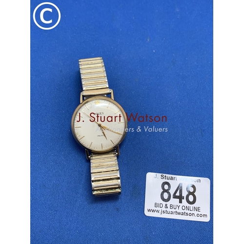 848 - Gents Gold cased Rolex precision wrist watch with milling to case on metal bracelet, runs but lackin... 