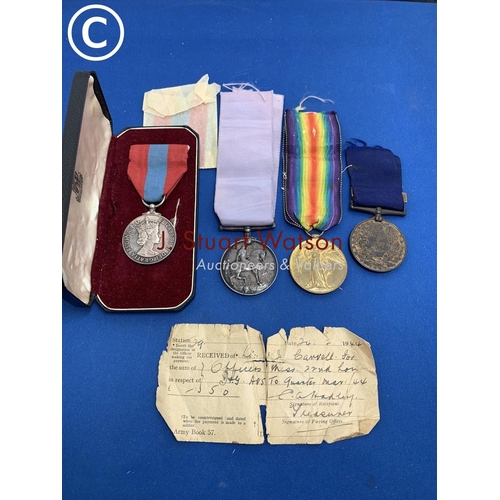 854 - Two 1914/18 War medals & QEll Imperial Service Medal cased to Private W.J.V. Carvel 3rd London Regim... 