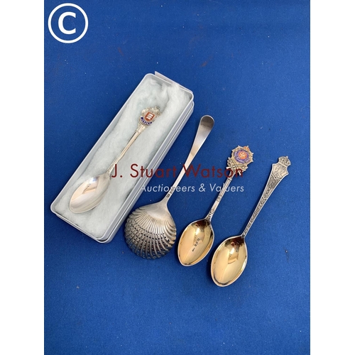 866 - Hallmarked Silver sifter spoon and three Commemorative spoons, total weight 2.28 ozt