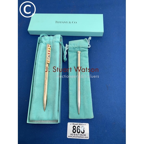 868 - Tiffany & Co Silver ball point pen with enamel clip and Tiffany & Co ball point pen with gilt T clip... 