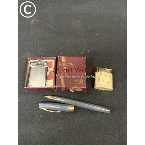 896 - Two vintage Ronson lighters (one boxed) and vintage Shaeffer fountain pen with 14ct gold nib