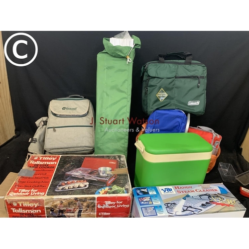 901 - Boxed Camping stove, folding table, coolbox, picnic items & steam cleaner