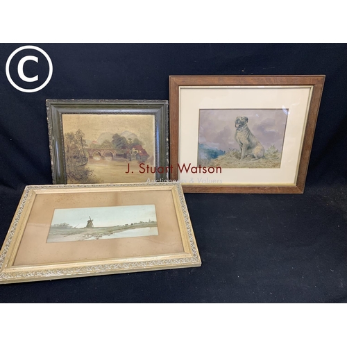 905 - Framed AJ Pope JR American dog Watercolour ? , watercolour of windmill Signed Bowers & vintage pictu... 