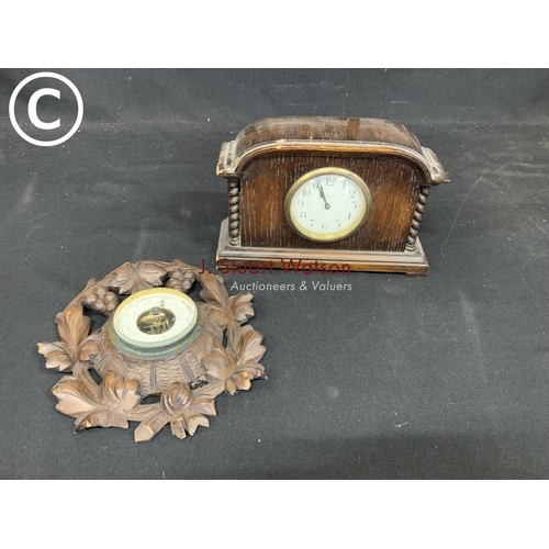 911 - Walker & Hall Oak mantel clock and carved black forest barometer