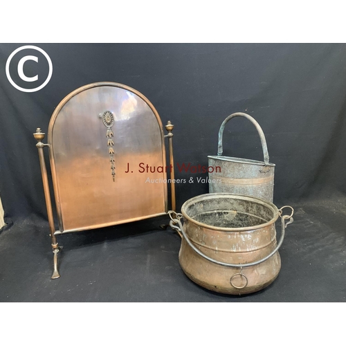 913 - Copper Cauldron, coal bucket and fire screen